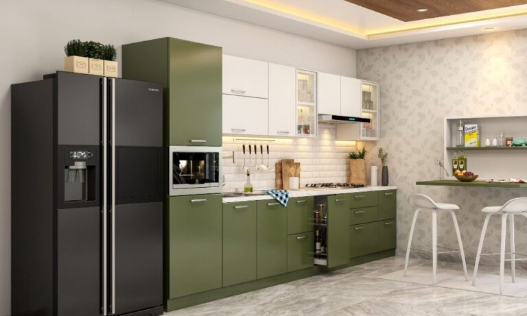 straight-shaped-kitchen-design-with-foldable-breakfast-counter top by sk interior modular kitchen